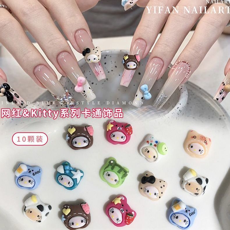 戴帽kt猫美甲饰品爆款卡通树脂kitty头玫红蓝色diy穿戴指甲钻配饰