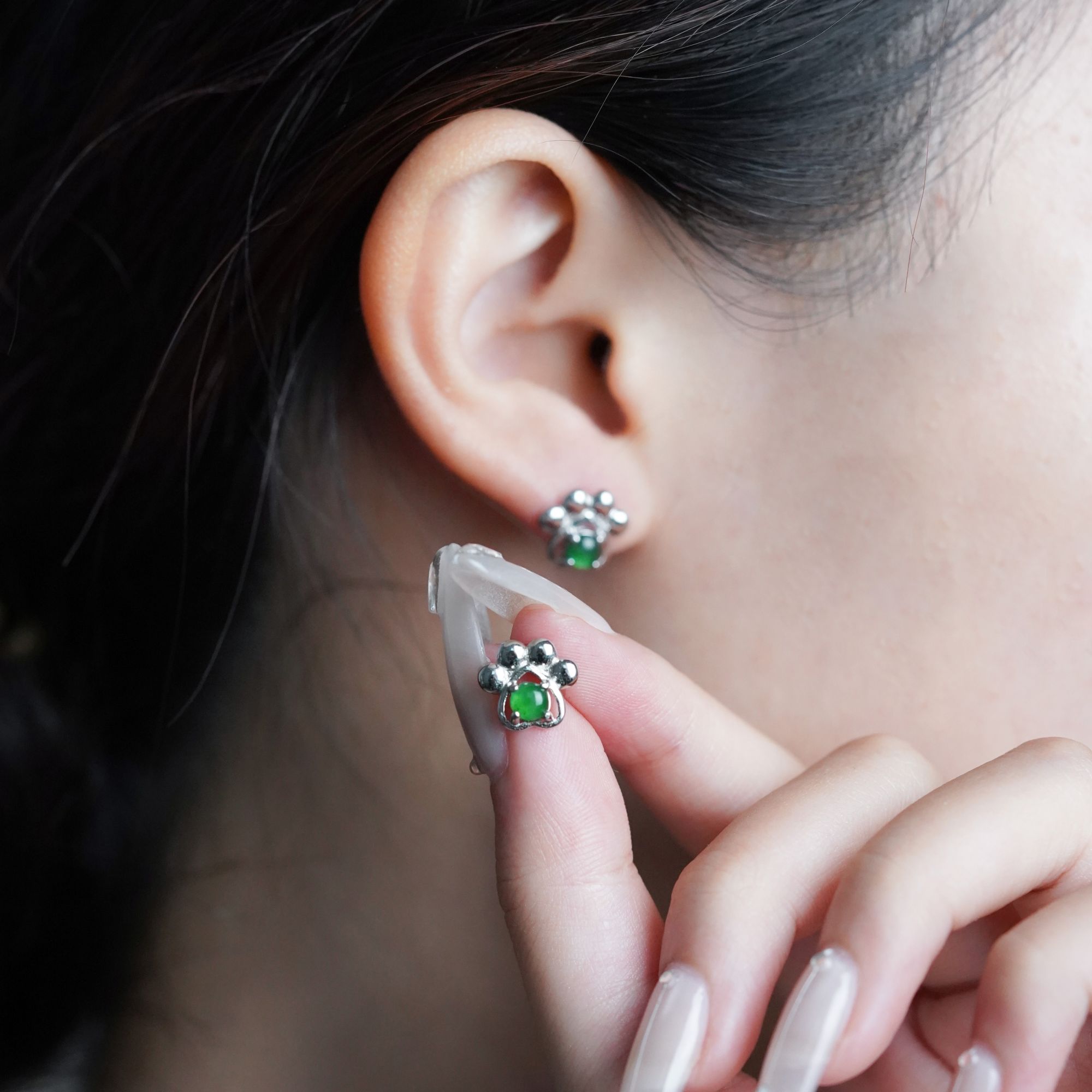 【甄翠集】天然翡翠A货猫爪925银镶耳钉气质时尚个性小众耳饰