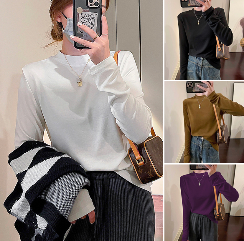 【加绒/不加绒】小立领正肩白色长袖T恤女内搭中领打底衫新款秋冬季
