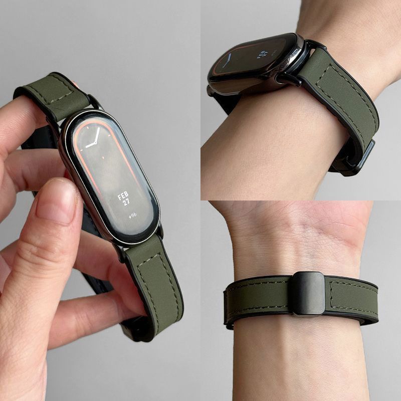 适用小米手环10疯马皮表带小米9代腕带8磁吸扣9NFC运动贴皮替换带