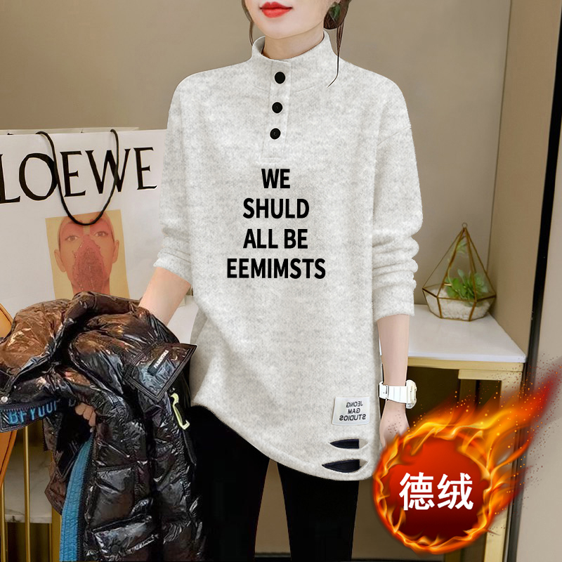 秋冬季显瘦中长款潮流上衣搭配鲨鱼裤打底衫德绒女士保暖长袖t恤