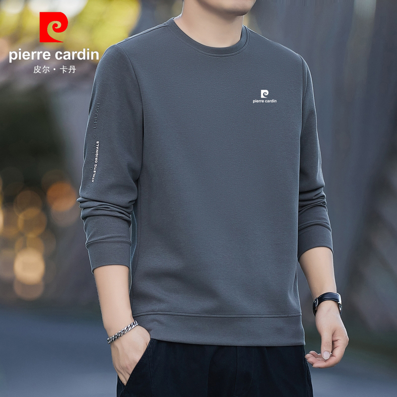 皮尔卡丹男士卫衣圆领春秋季薄款男装潮流加绒休闲长袖T恤打底衫