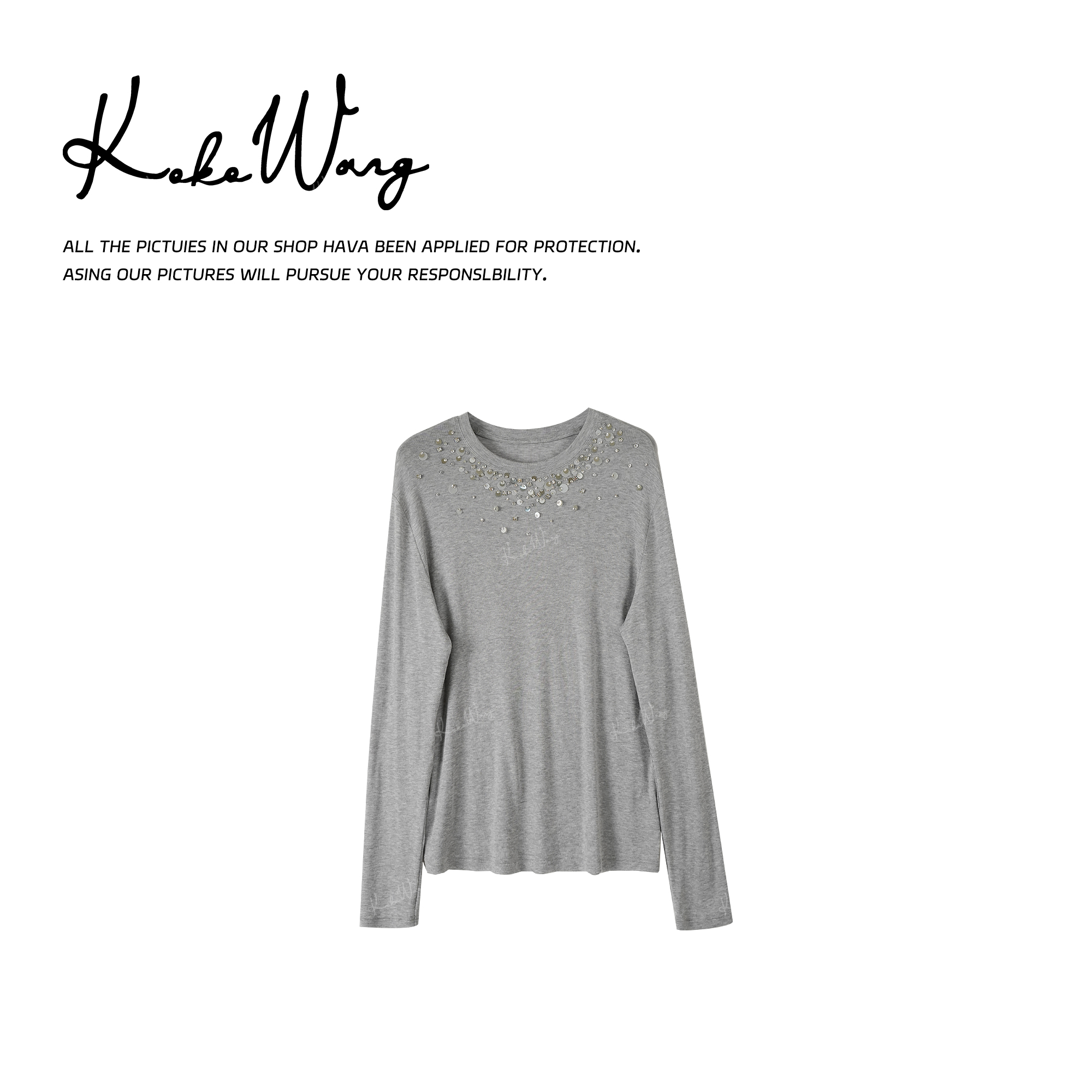 KOKO WANG秋冬莱赛尔羊毛混纺手工钉珠长袖打底衫N2445K24T41