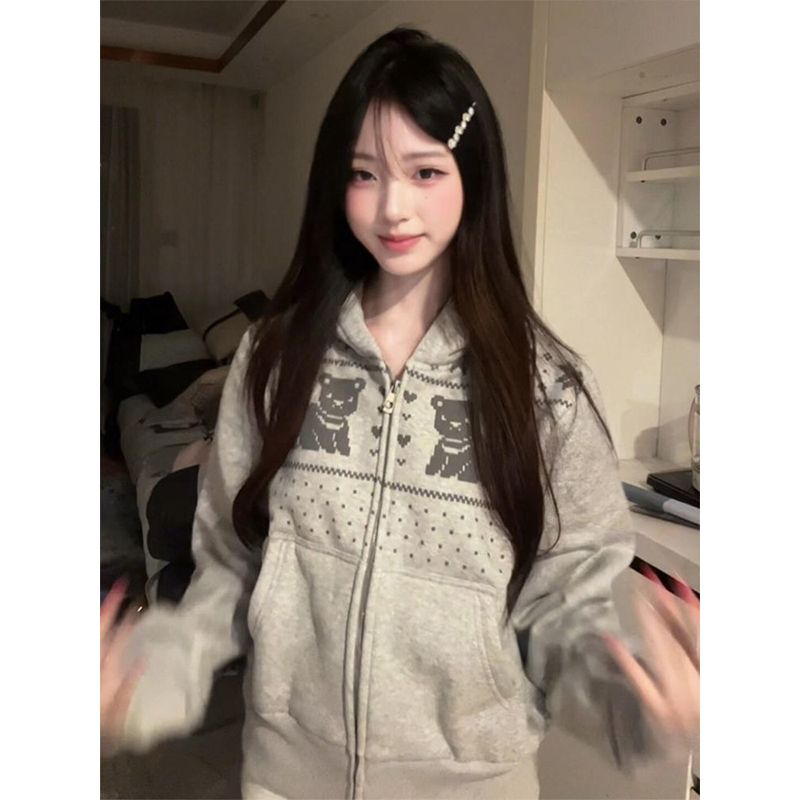 美式复古高街连帽开衫卫衣女秋冬款宽松韩系慵懒风百搭外套#WY115