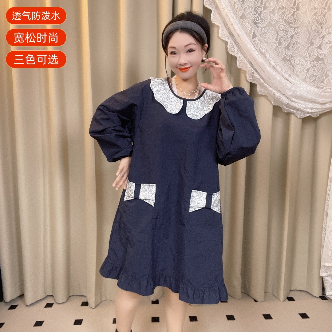 韩版时尚宽松反穿罩衣围裙娃娃领防污家用厨房上班工作服防泼水女