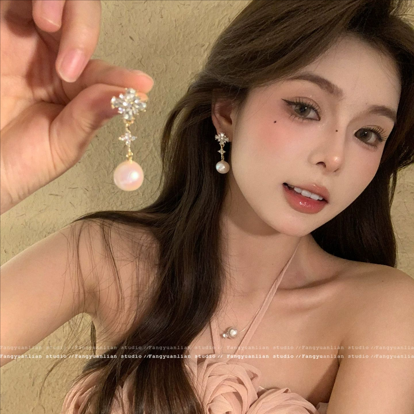 铜合金耳饰 风华正茂 气质粉光珍珠耳环女轻奢流苏耳钉长款耳饰