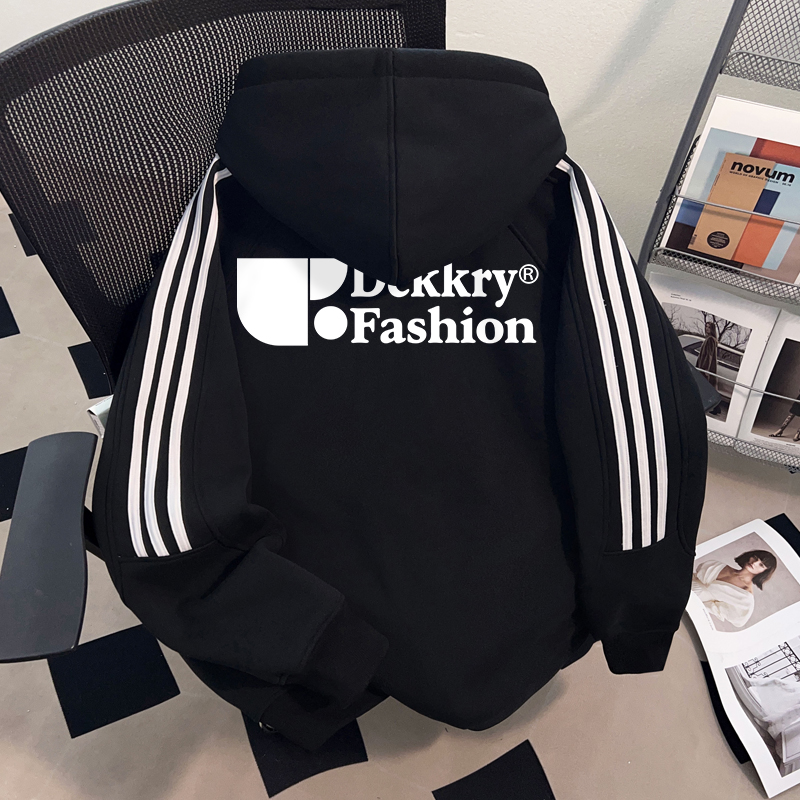 Dekkry潮牌港风ins连帽开衫卫衣秋冬季三条杠男女款休闲加绒上衣