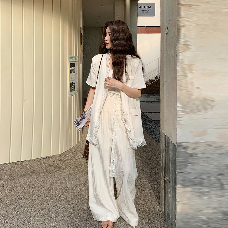 韩系蕾丝花边套装裤夏季女2025新款率性百搭干练西装阔腿裤两件套