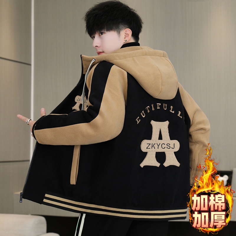 摇粒绒外套男款加绒加厚2025新款学院风夹克青少年羊羔绒棉衣男装