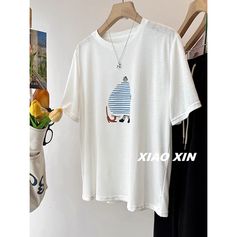 2025新款200斤大码胖mm印花雪花棉短袖T恤女夏季潮流宽松半袖