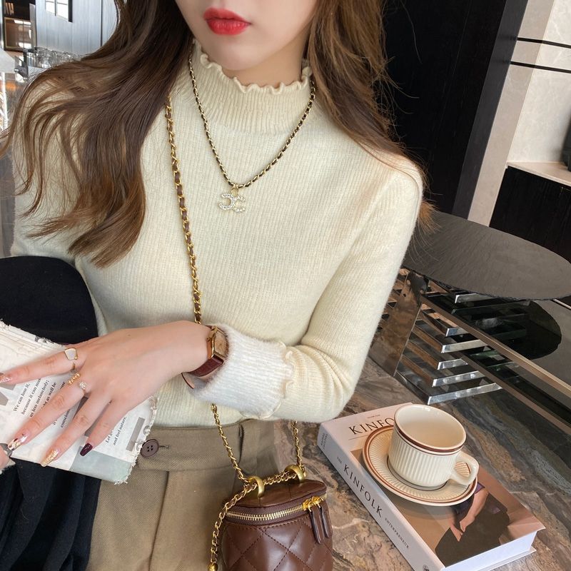 加绒加厚毛秋冬衣女半高领套头木耳边洋气上衣针织保暖打底衫