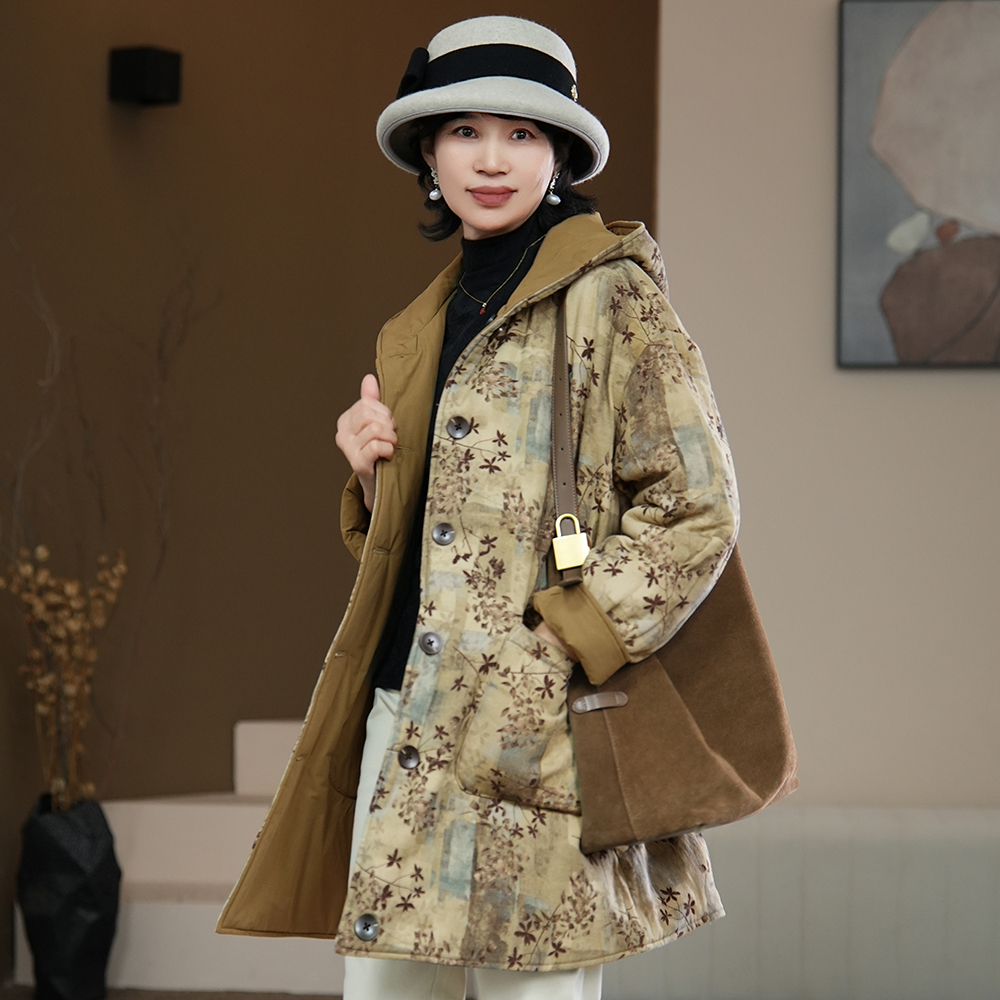 双面穿24110284棉袄秋冬中长款女士保暖棉衣