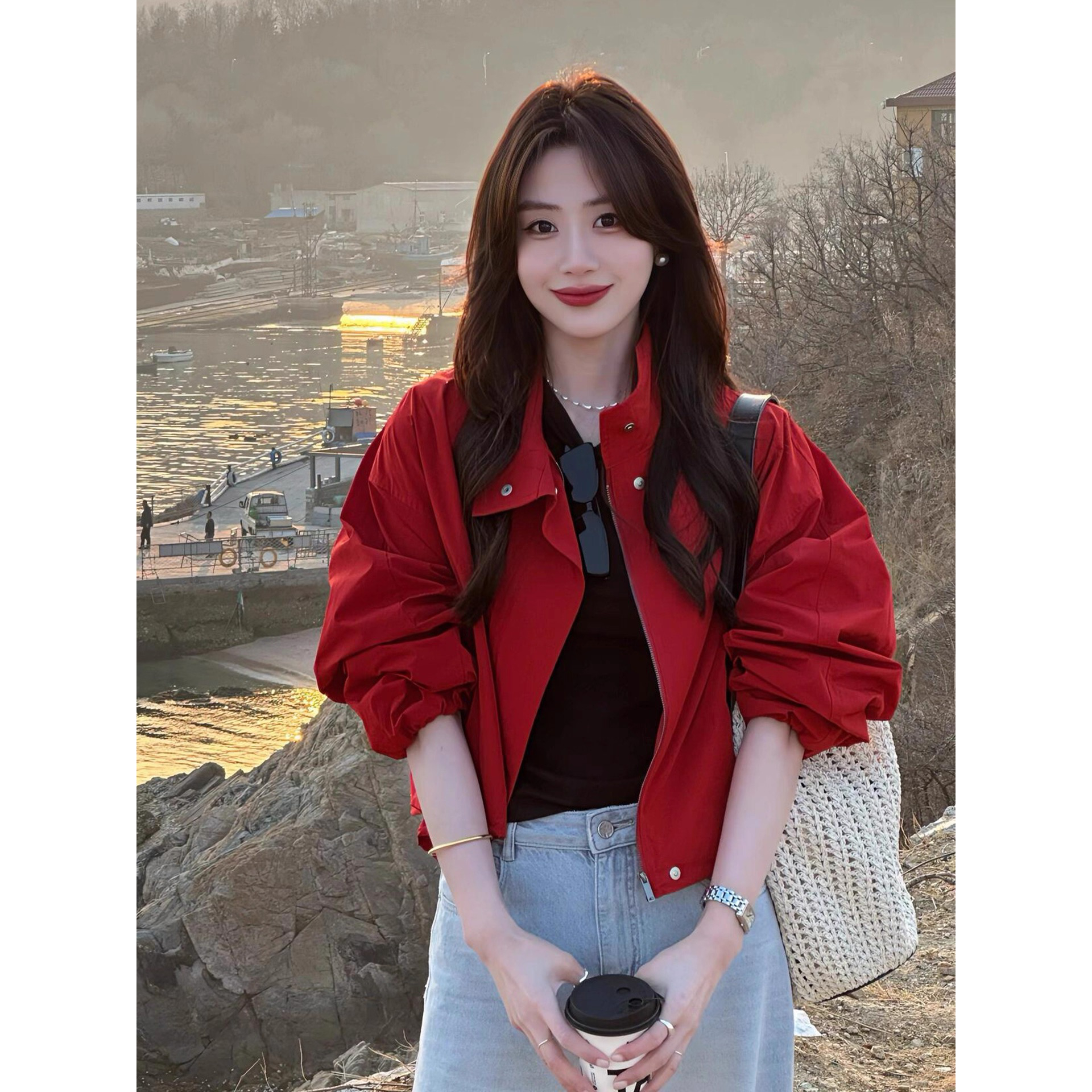 2025早秋新款小个子短款棒球服巨好看的立领红色冲锋衣外套女春秋