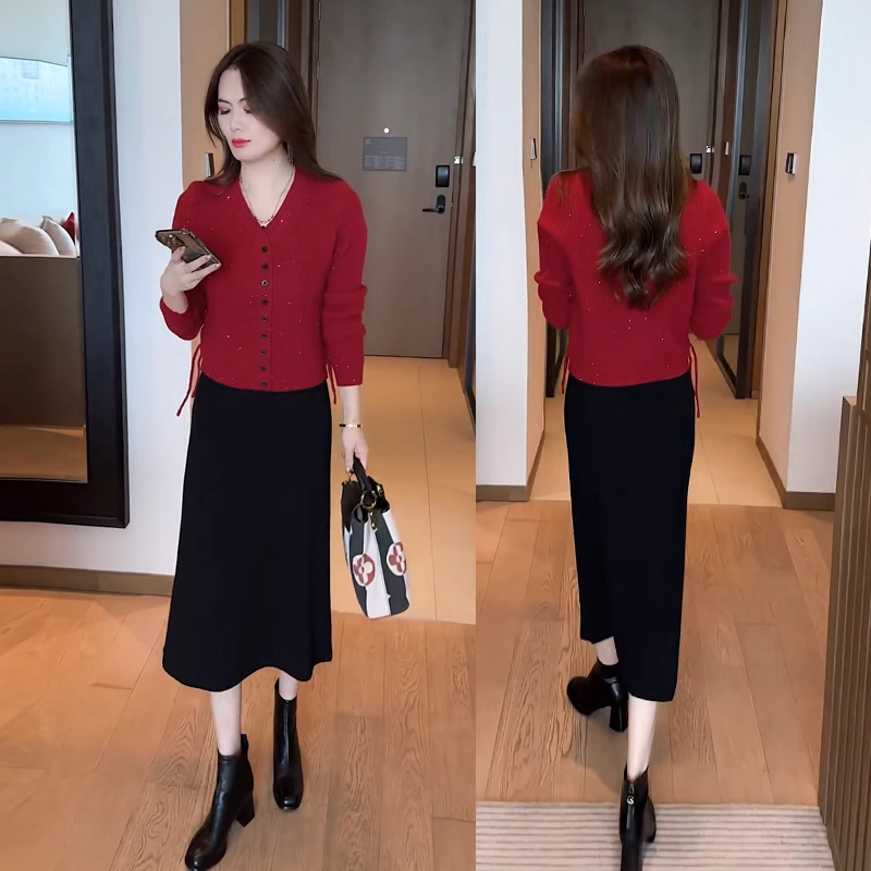 时尚洋气连衣裙套装女秋冬新款宽松显瘦针织衫毛衣裙子显瘦两件套