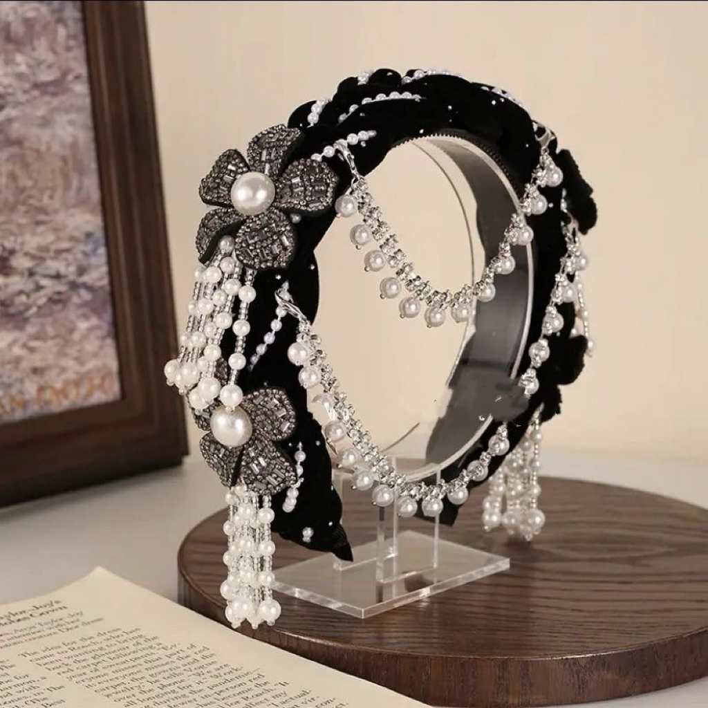 一帘幽梦宽边发箍手工编织民族风发饰花朵可拆卸流苏珠珠法式头饰