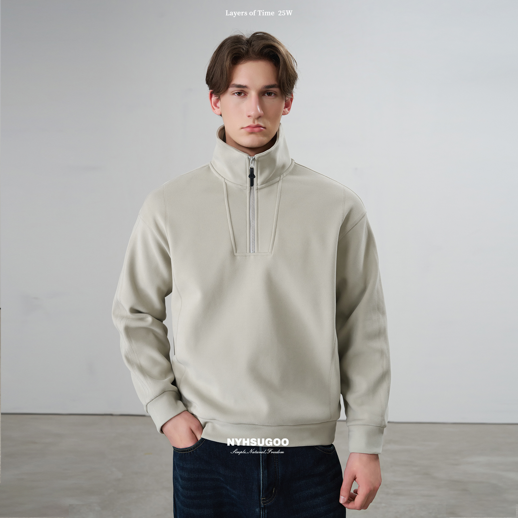 NYHSUGOO/南乙秋冬重磅530G半高领套头卫衣绒感加厚3855男士上衣