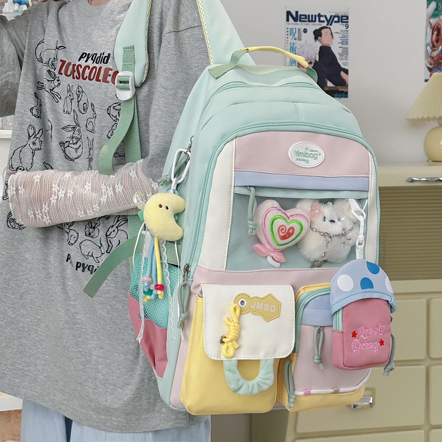 日系多巴胺书包2025新款甜美少女撞色时尚百搭大容量双肩背包女包