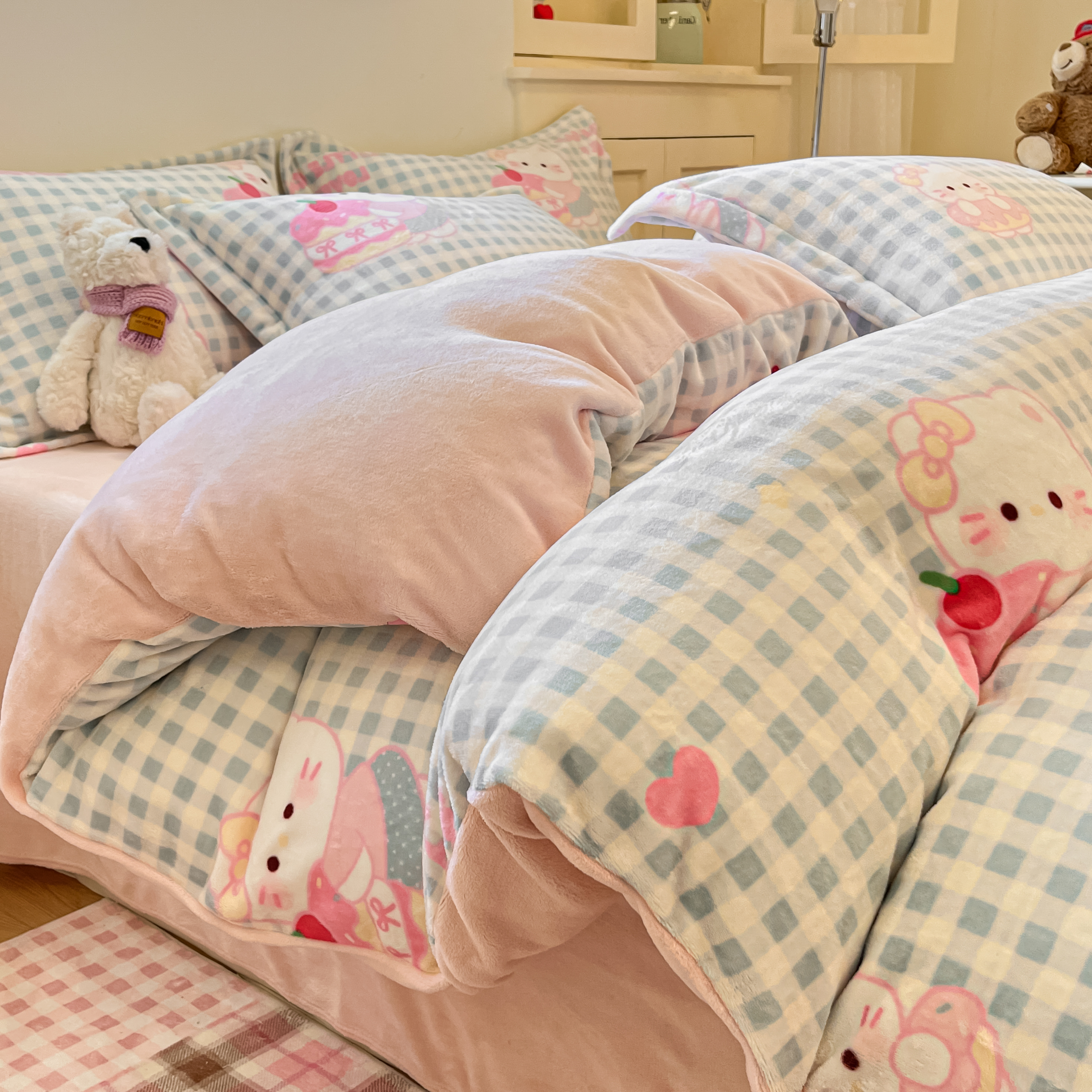 冬季加厚牛奶绒床上四件套双人被套双面加绒加厚雪花绒被罩三件套