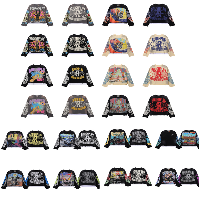 RoughPlay欧美潮牌烫钻直喷街头小众水洗做旧复古美式街头长袖T恤
