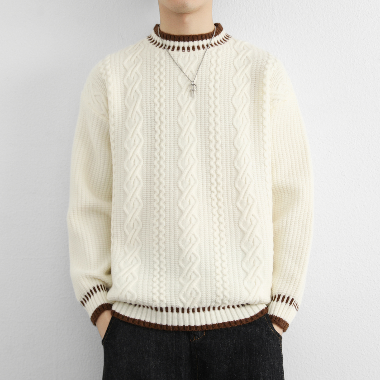 复古男生毛衣绞花秋冬季2025新款青少年个性针织衫加厚打底毛线衣