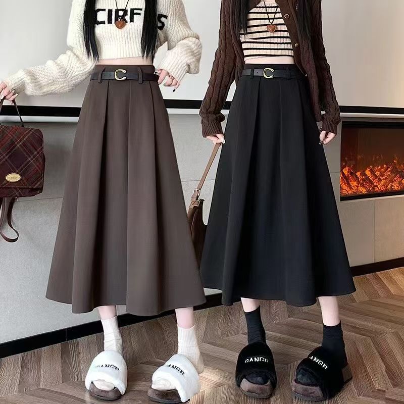 送腰带春秋西装布料2025女中长百褶裙新款赫本风长裙