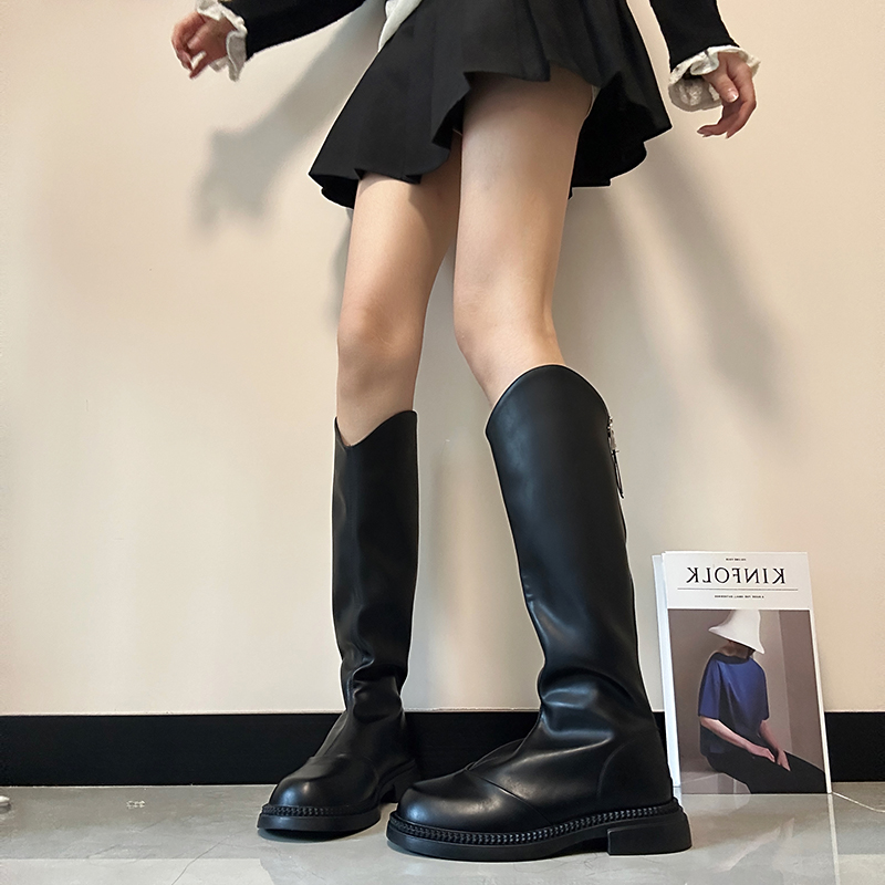 秋冬长靴高筒靴时装靴复古百搭黑色薄底V口骑士弹力长筒瘦瘦女靴