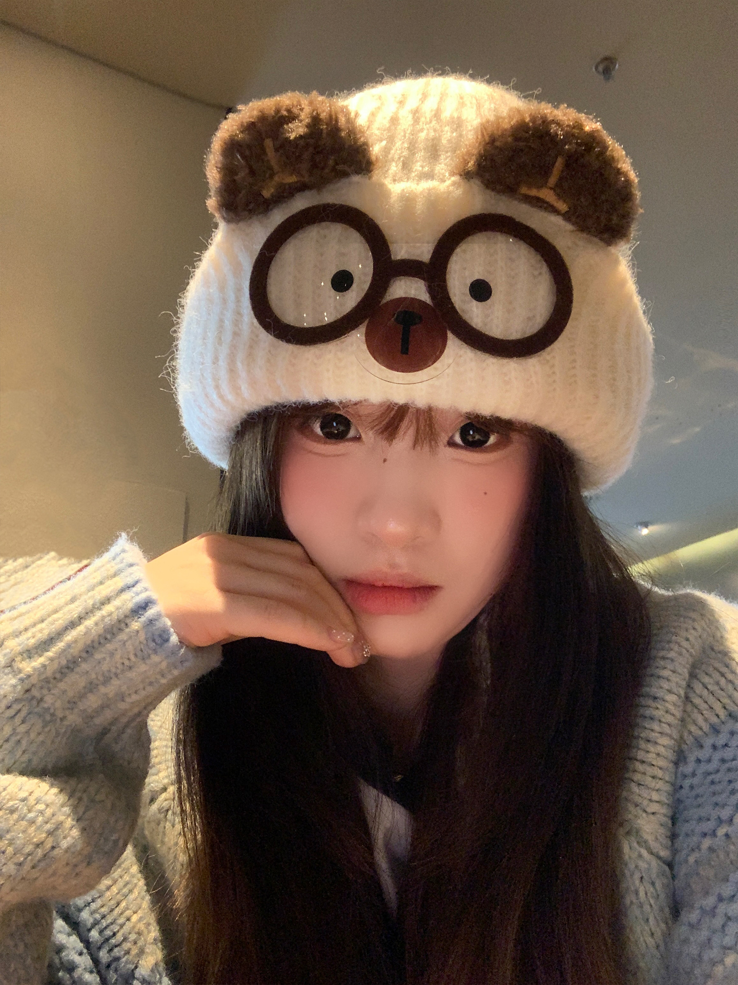 可爱猫耳针织帽女秋冬保暖大头围显脸小卡通猫咪眼镜护耳毛线帽子