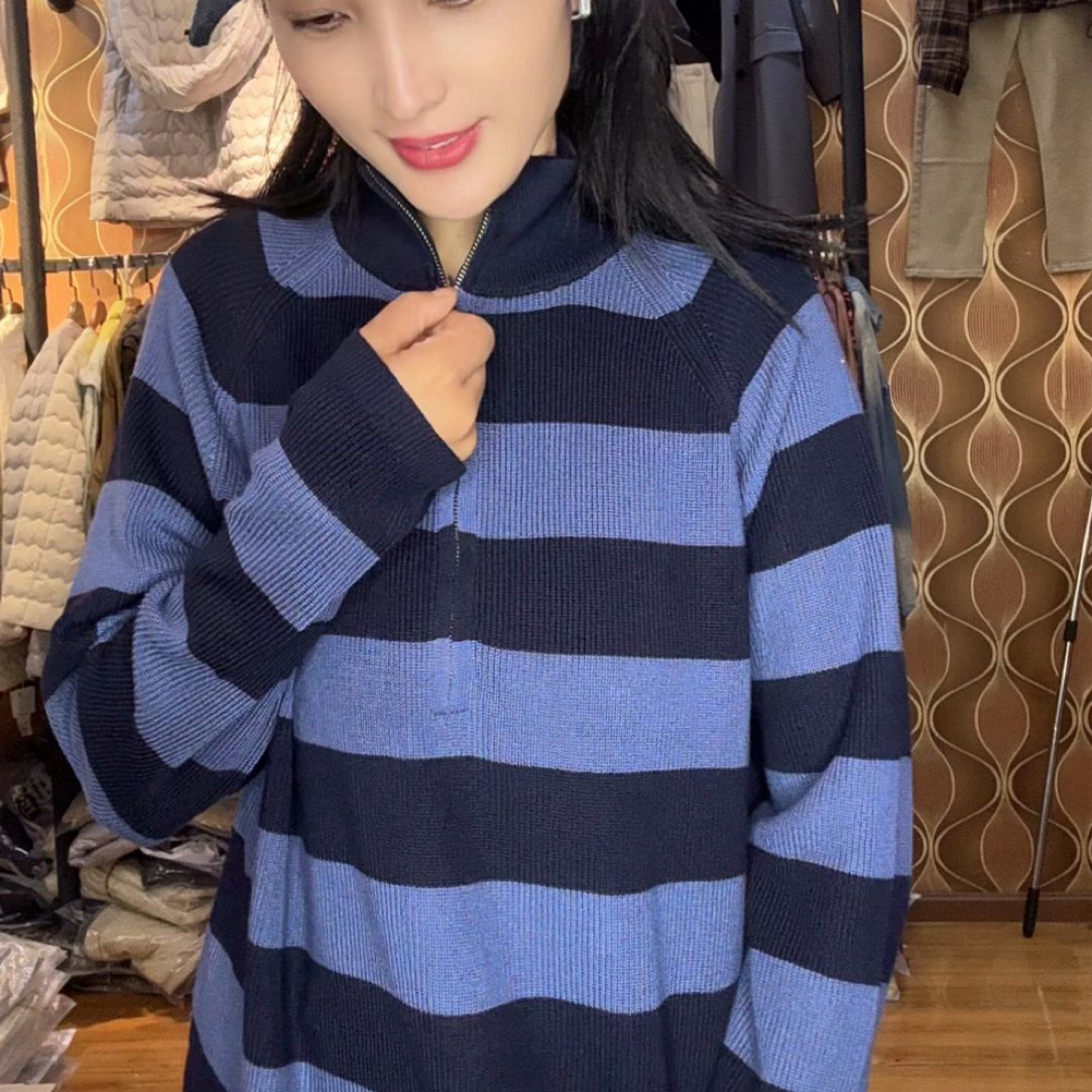 条纹宽松型针织常规款毛针织衫带拉链毛衣111