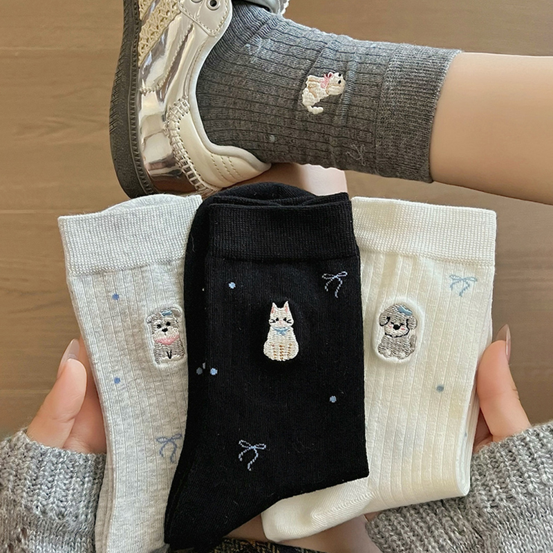 中筒袜子女2025春秋可爱小狗刺绣袜子ins潮日系卡通少女风堆堆袜