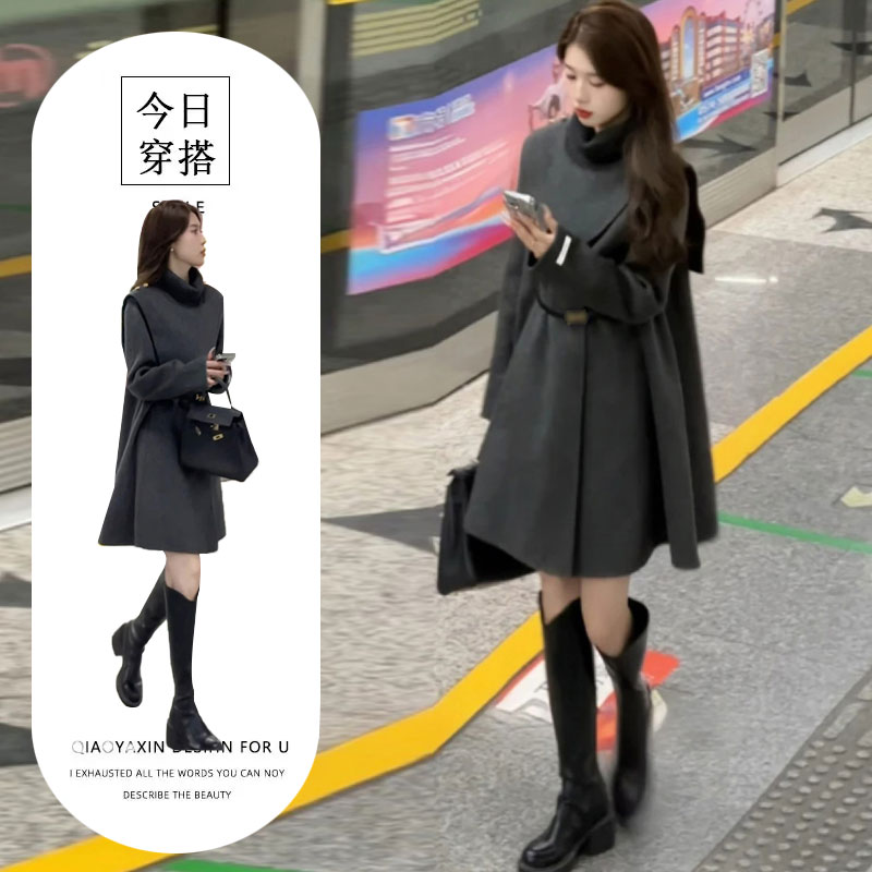 法式高级感斗篷毛呢大衣女2025秋冬新款中长款修身显瘦上衣两件套