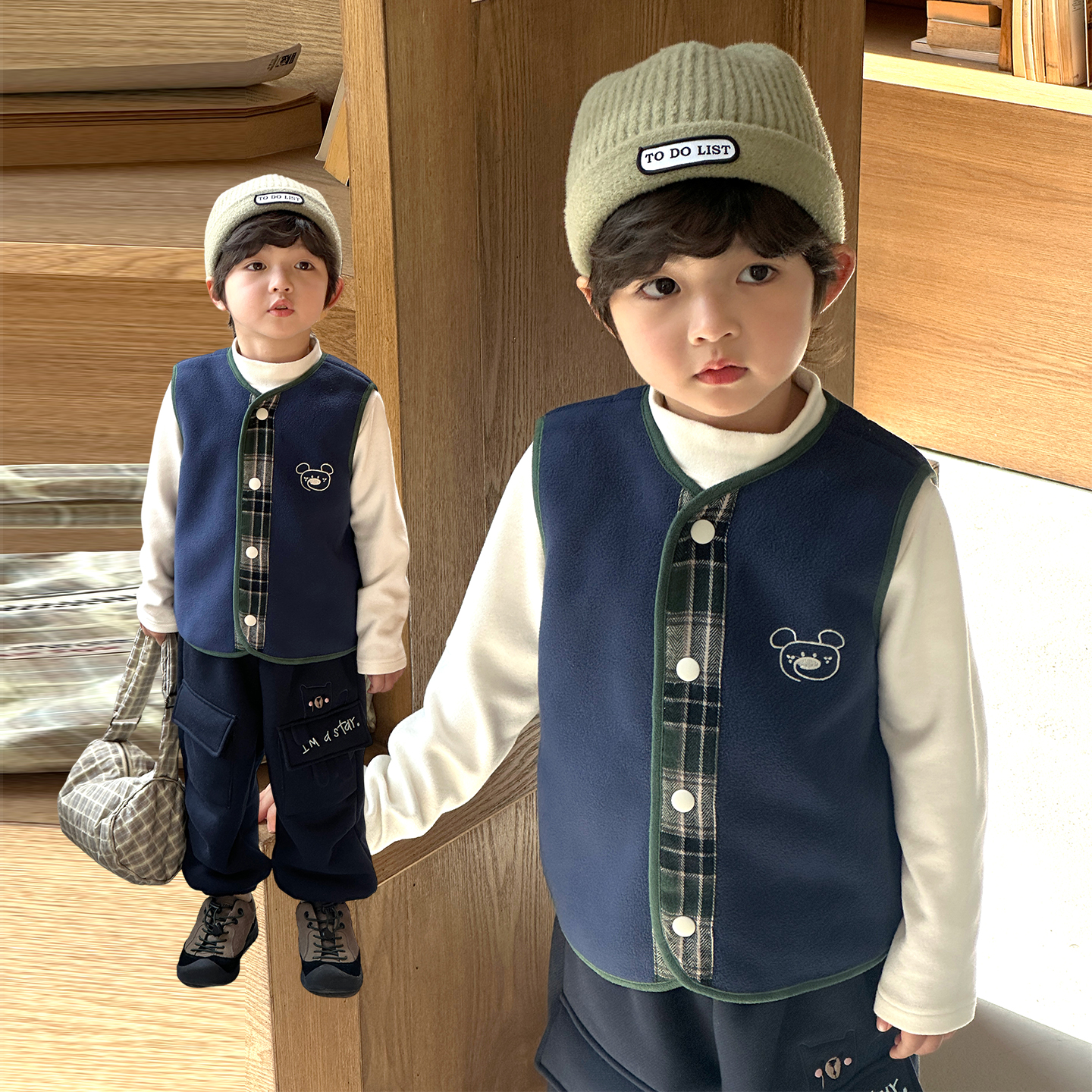 男童小熊格子拼接马甲2025秋季新款儿童摇粒绒保暖背心坎肩3508