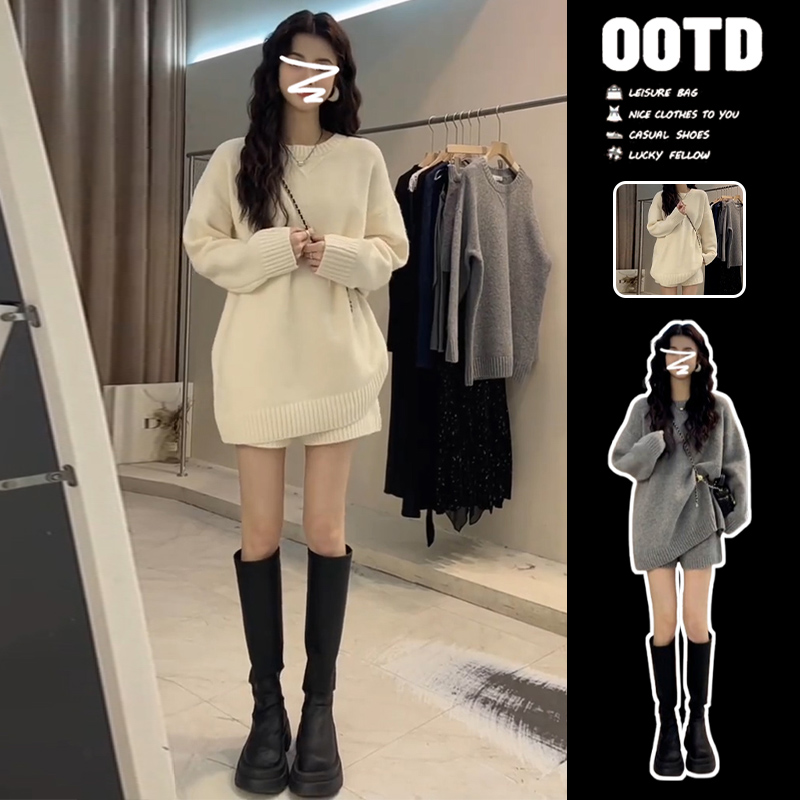 针织毛衣白色连衣裙子女秋冬季大衣内搭巨好看穿搭配一整套装早秋