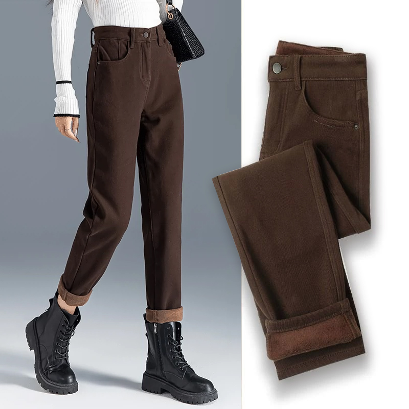 咖啡色牛仔裤女2025秋冬女款加绒高腰百搭休闲九分裤萝卜哈伦裤子