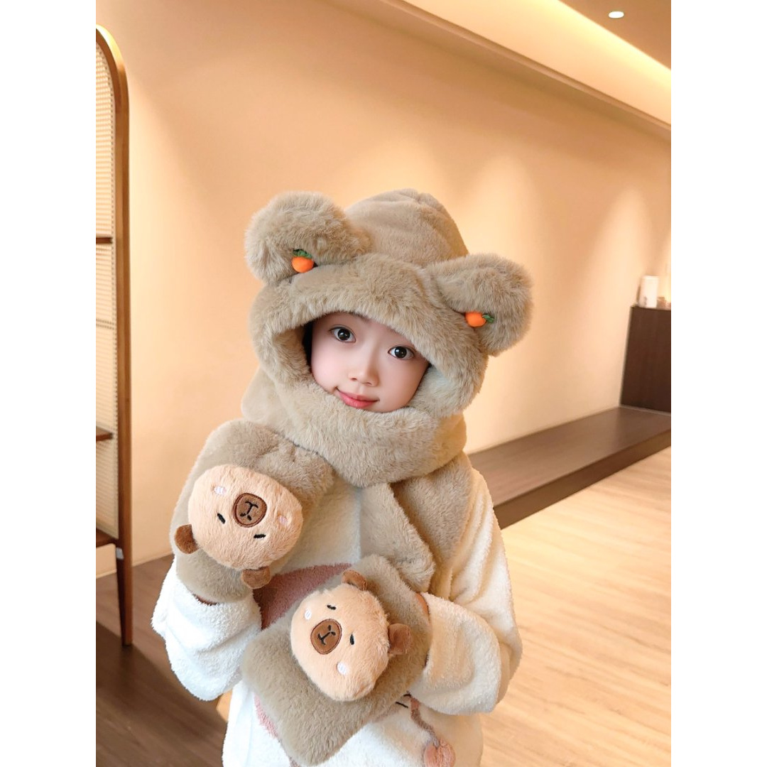 冬季男女童加厚加绒防风保暖毛绒儿童帽子围巾手套一体护耳帽