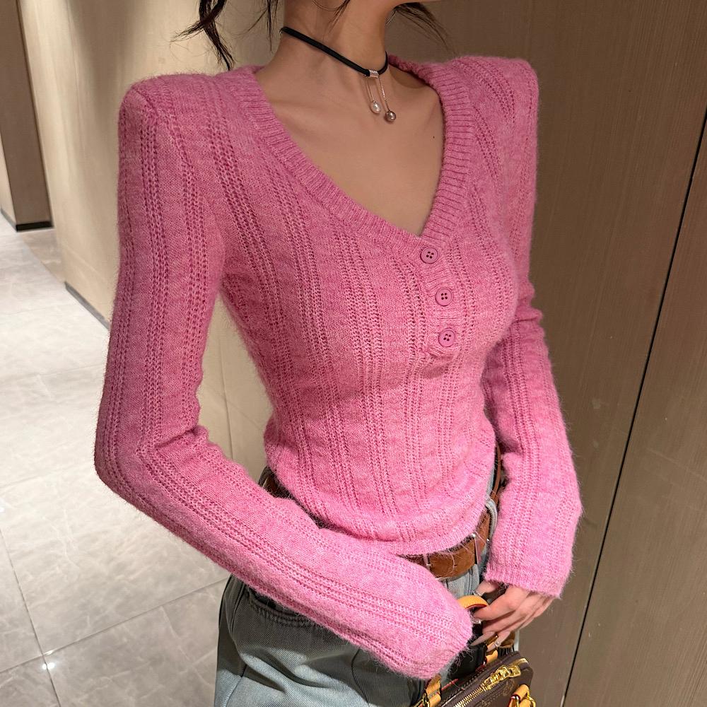 纯欲辣妹V领长袖针织衫女2025秋冬新款韩版设计感修身显瘦打底衫