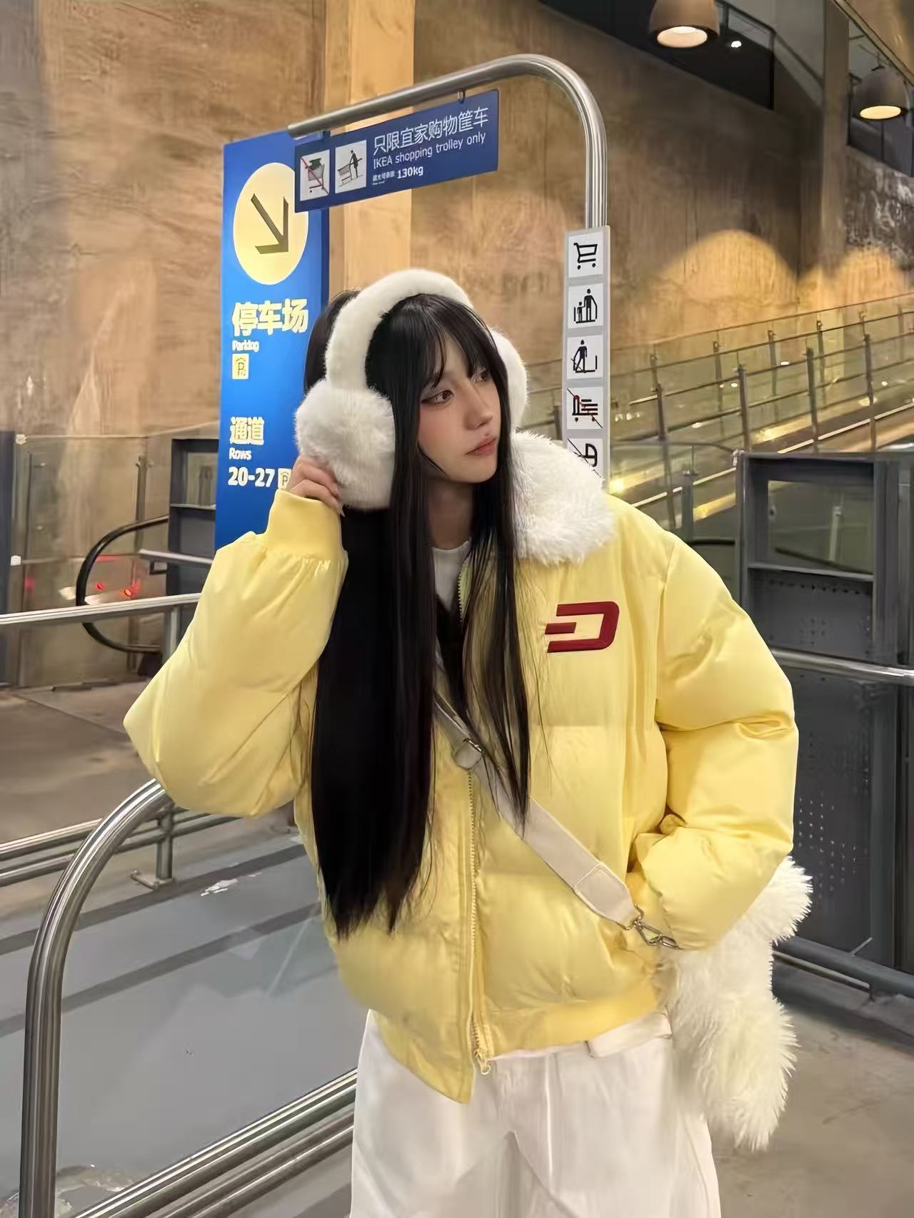 多巴胺复古设计感翻领女学生冬时尚加厚印花加厚棉服外套