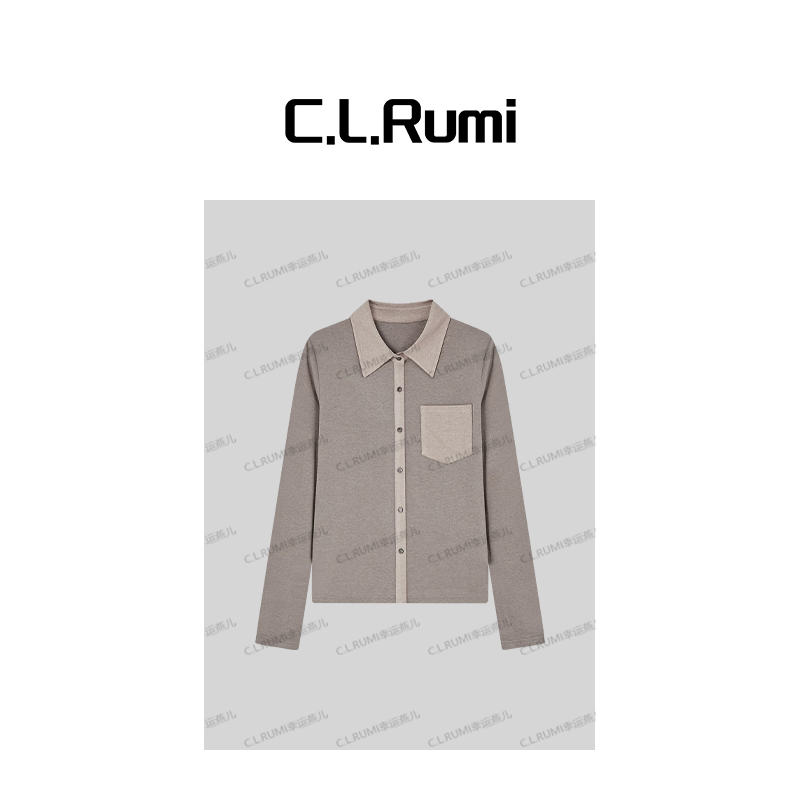 【Rumi精选】“悦己”秋冬长袖百搭翻领单口袋撞色拼接上衣7209cs