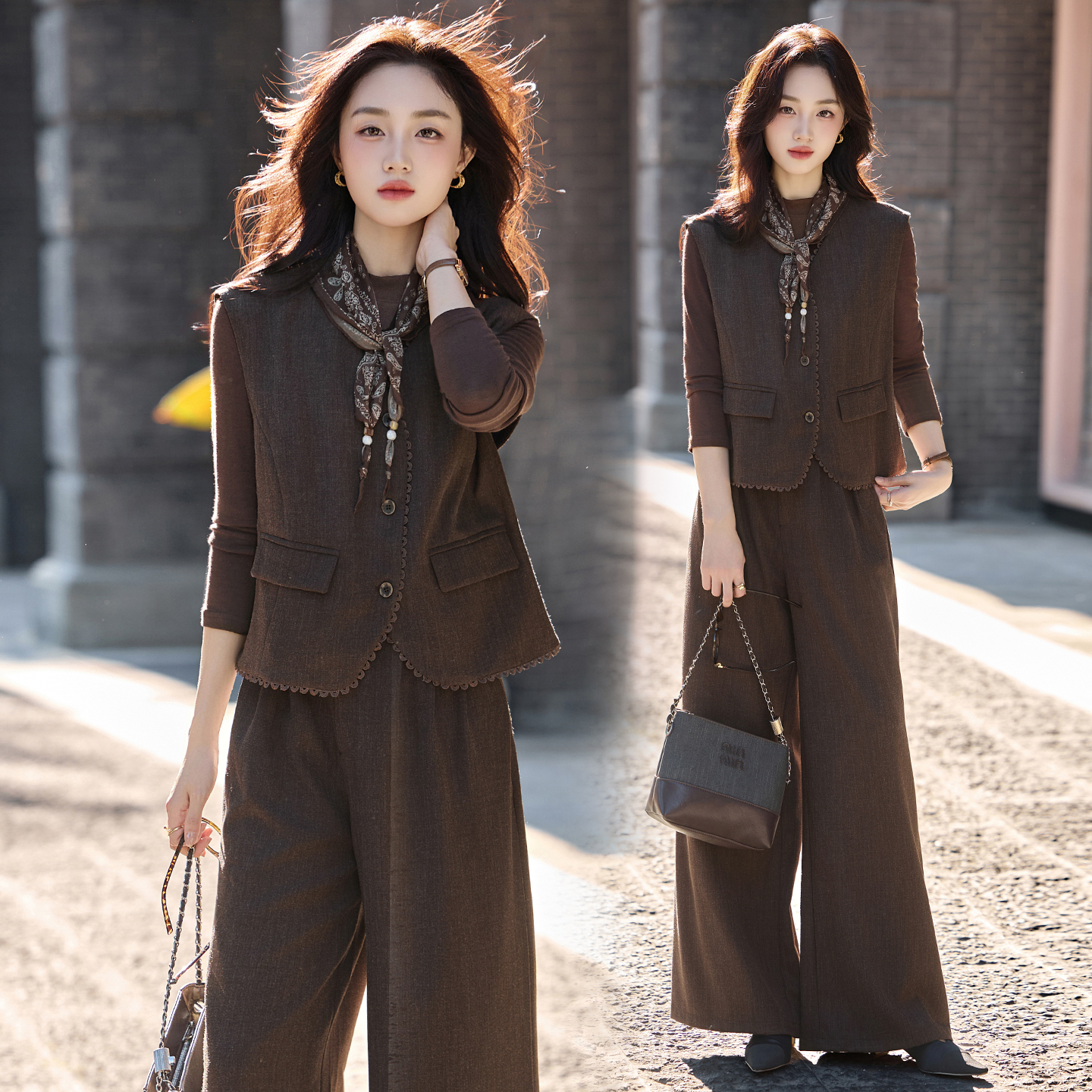 韩系气质老钱风马甲套装女2025年春秋新款高级感时尚阔腿裤三件套