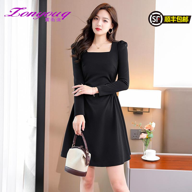 紫雨琪黑色连衣裙女收腰显瘦a字裙子气质小个子赫本风小黑裙春春