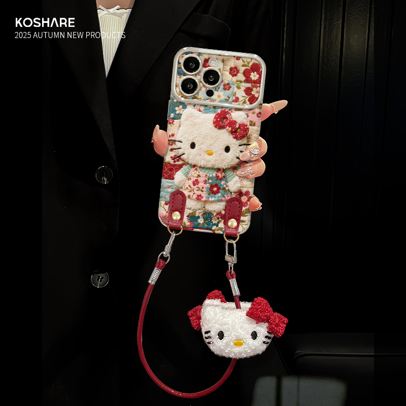 碎花kt猫适用苹果17华为vivo/oppo小米iPhone16大视窗贴皮手机壳