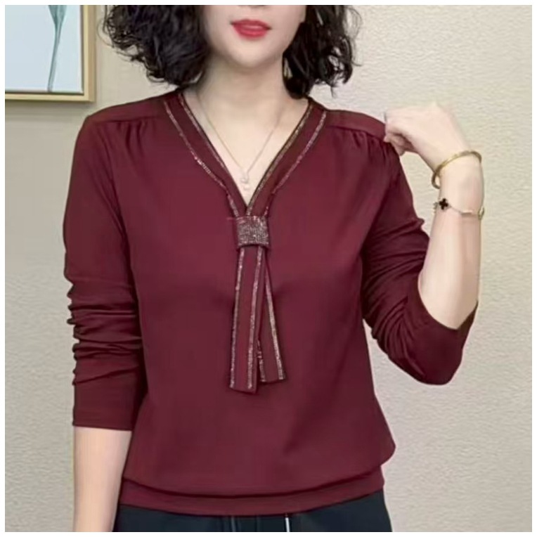 【品牌撤柜】妈妈秋装V领长袖弹力衬衫气质妈妈打底拼接衬衣显瘦