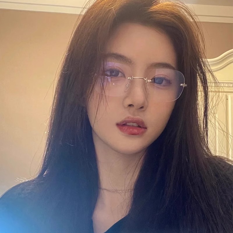 钛架纯欲防蓝光无框眼镜近视女可配度数显瘦高级感无边框变色金丝