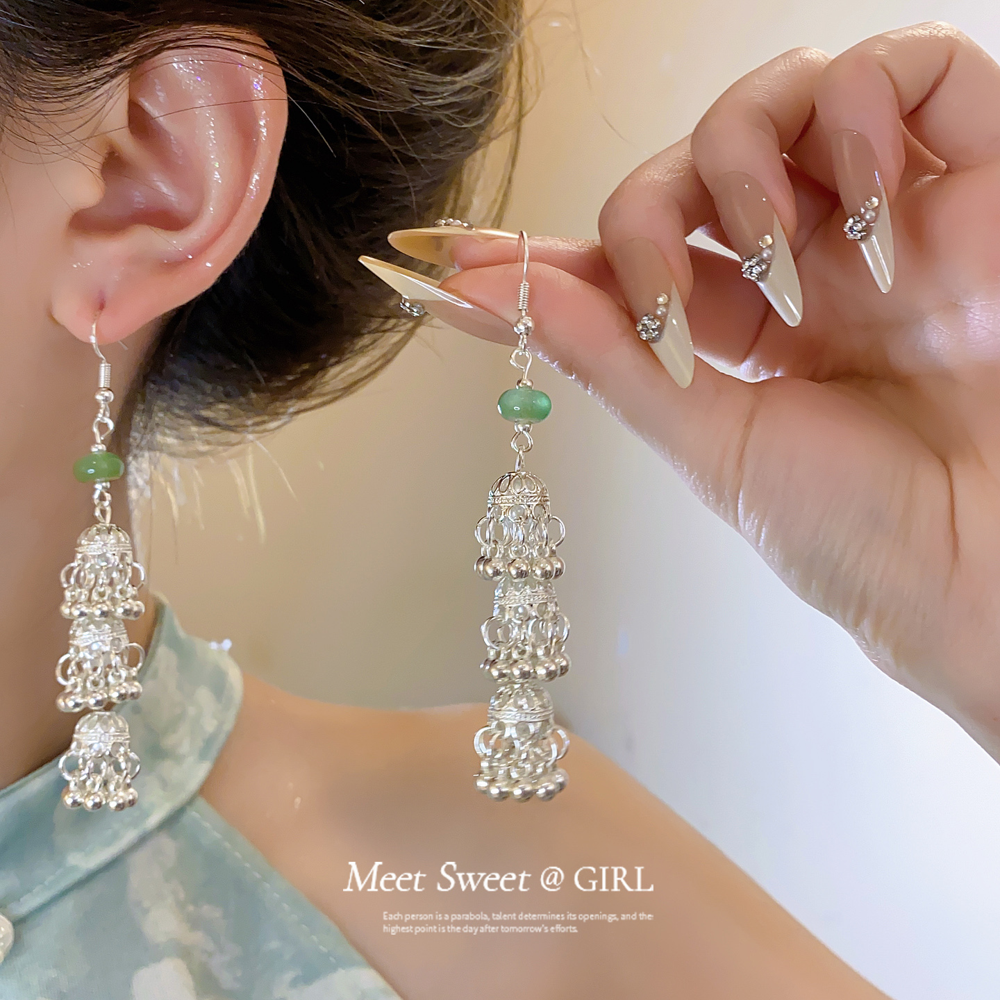 铜合金仿珍珠耳饰 民族风手工轻奢耳环复古/宫廷古风女银色百搭