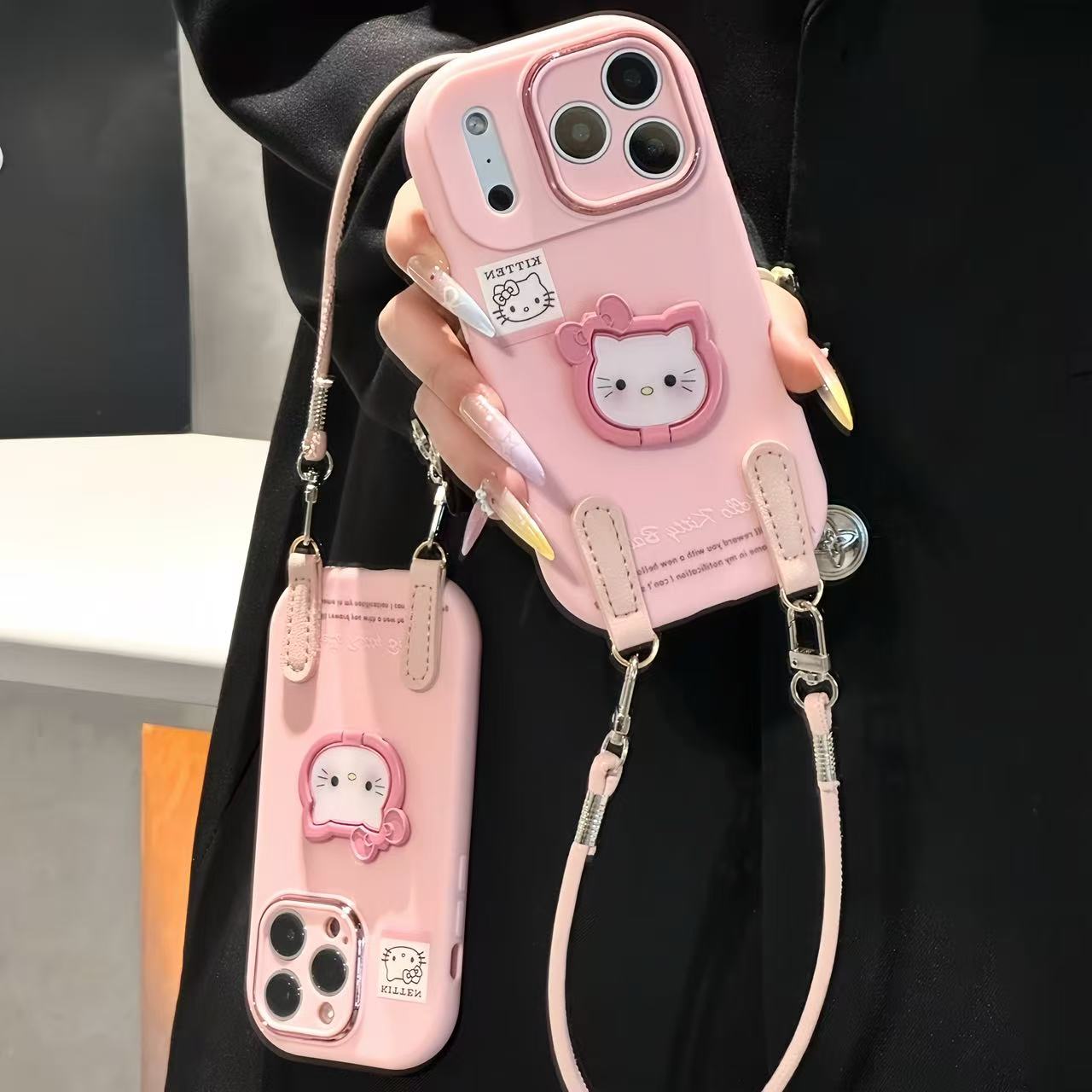 粉色凯蒂猫支架挂绳适用苹果17手机壳iPhone16小米14vivo华为oppo