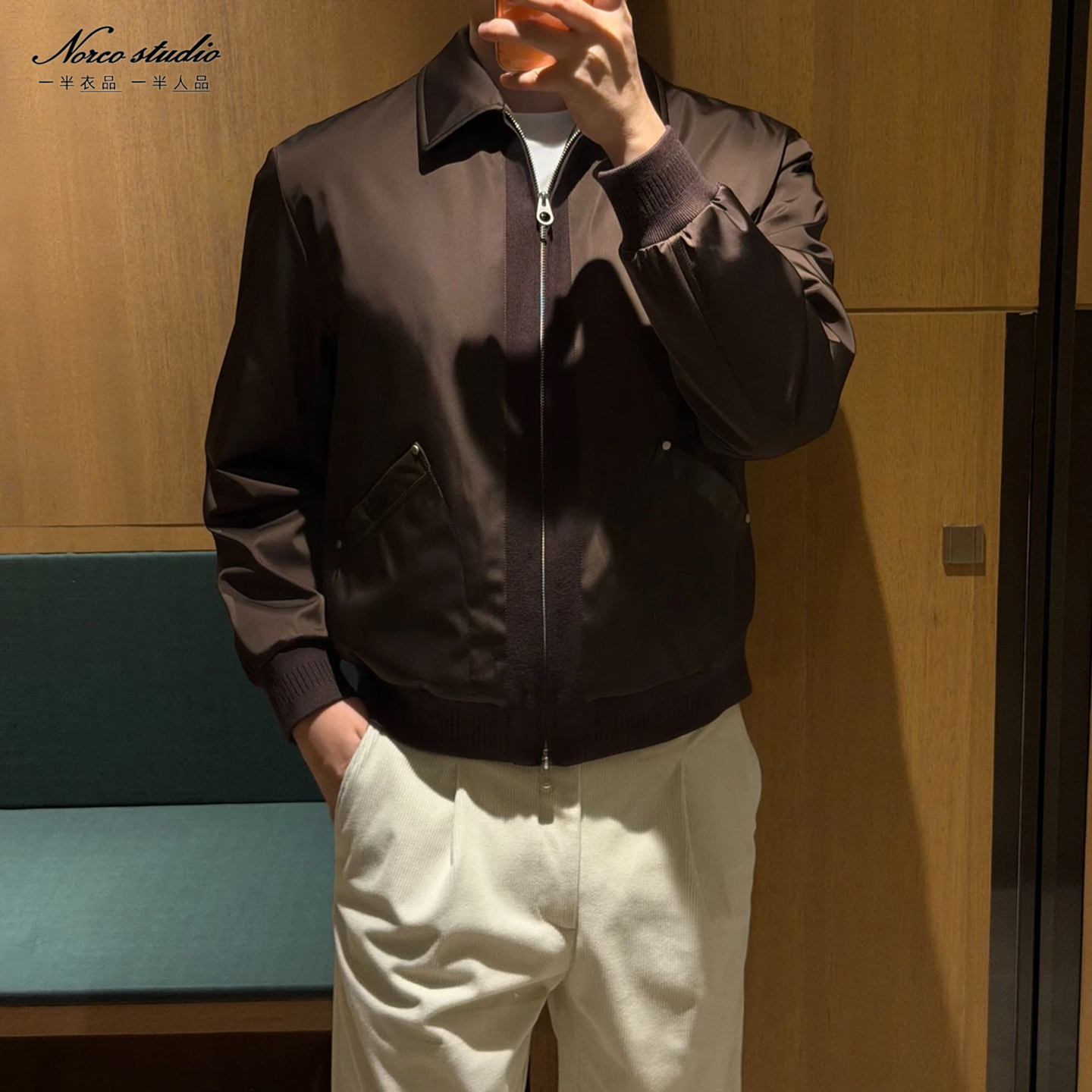 【诺可高定】冬季轻商务羊皮拼接行政风双拉链翻领夹克羽绒服 25408