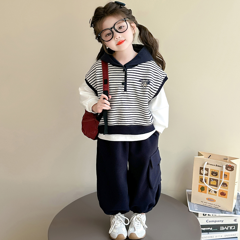 女童秋装套装2025新款卡通儿童条纹马甲女小童秋季三件套宝宝衣服