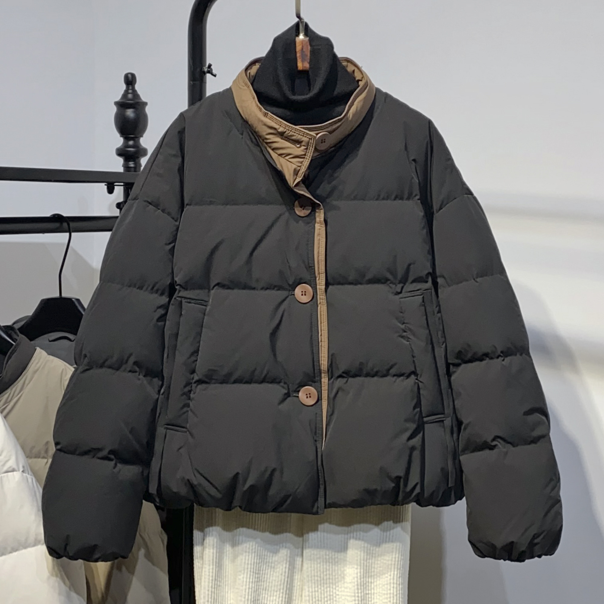 2025新款冬季时尚撞色立领加厚小个子棉服高级感宽松保暖外套女装