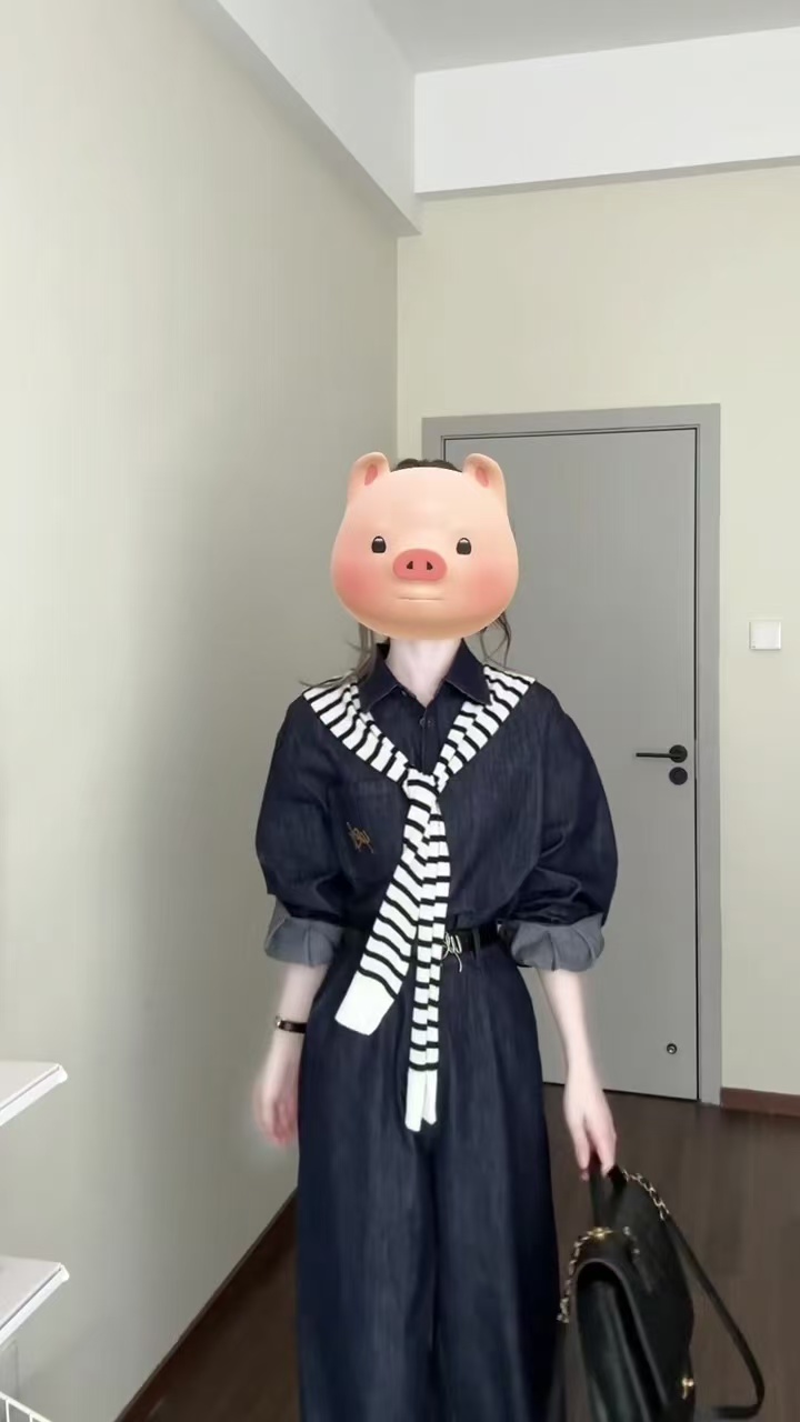 2025秋季新款法式老钱风牛仔衬衫外套上衣女搭配休闲阔腿裤两件套