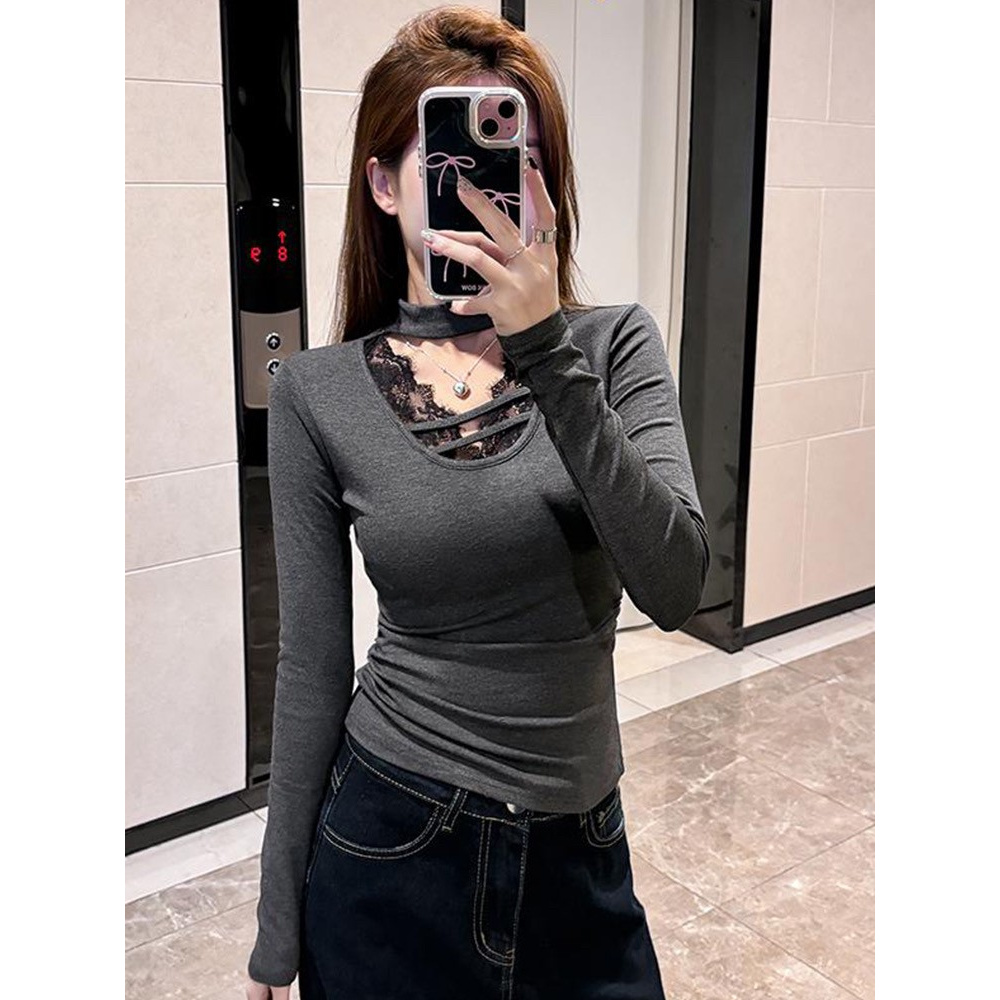 纯欲蕾丝拼接V领长袖加绒挂脖T恤女秋冬新款修身显瘦辣妹短款上衣