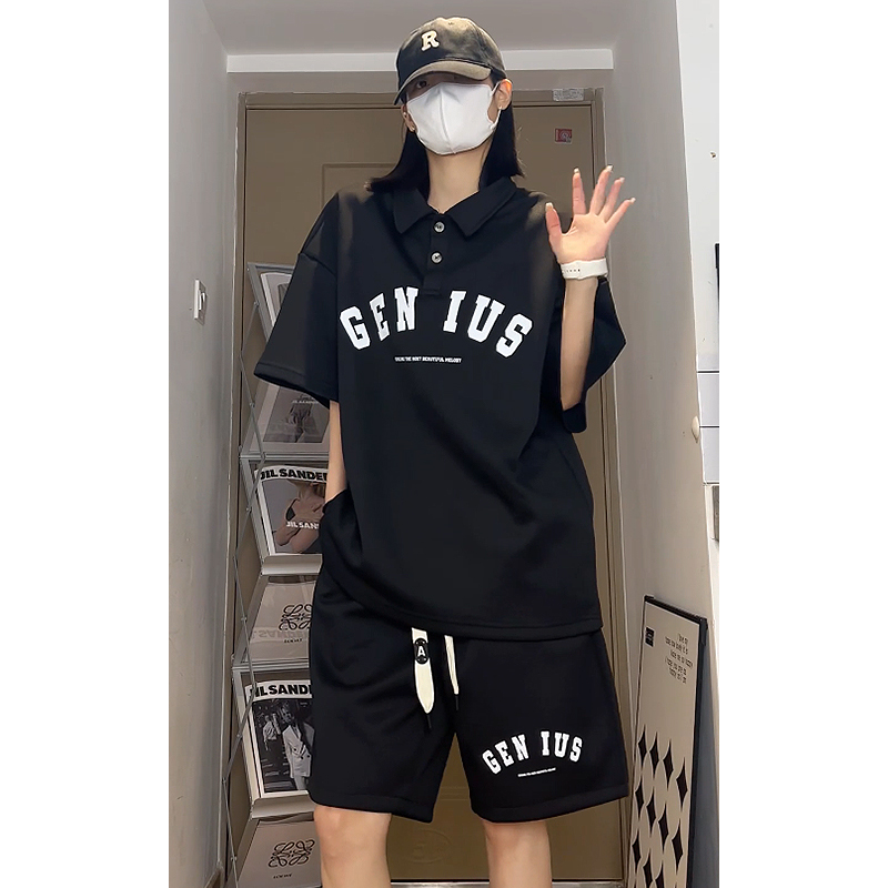 美式休闲运动印花Polo衫男女款套装翻领上衣短袖T恤青少年套装